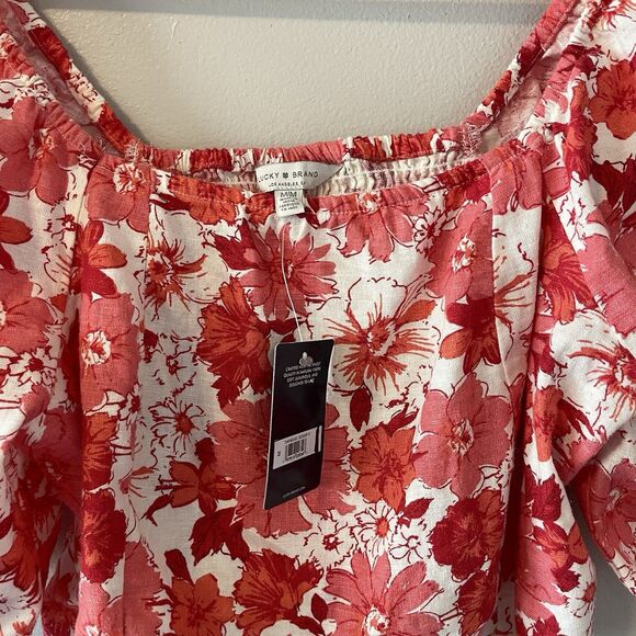 NWT Lucky Brand Linen Blend Floral Smocked Balloon Sleeve Top Sz M - Picture 8 of 10